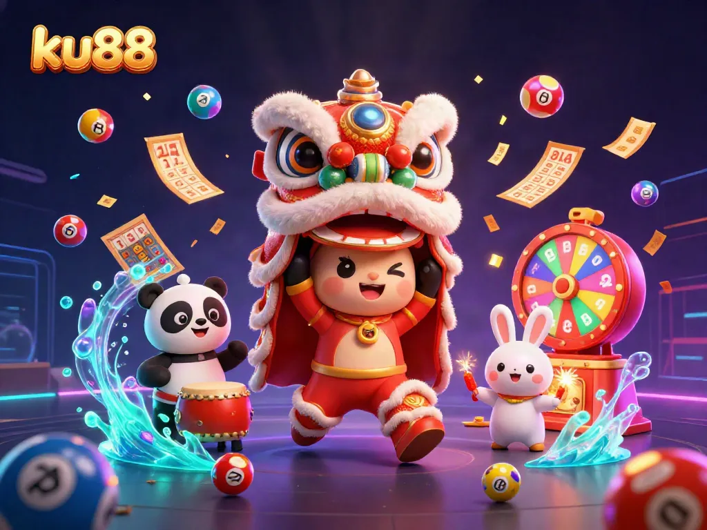 Play and win with ku88 in this vibrant 3D casino scene filled with exciting games and characters.