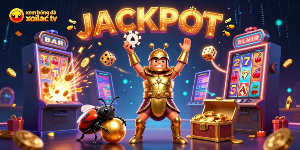 Xem bóng đá xoilac tv features a hercules beetle celebrating a jackpot amid dynamic casino elements.