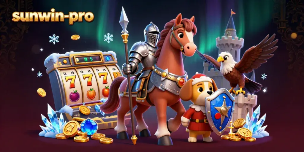 Engage with the thrilling world of sunwin-pro featuring an animated knight, puppy, and falcon amidst vibrant slot elements.