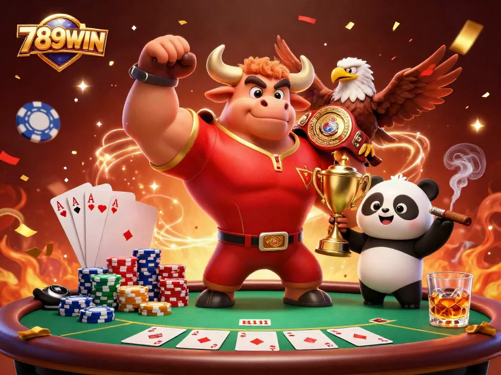 Celebrate wins with 789WIN in this vibrant 3D casino scene featuring poker and trophies.