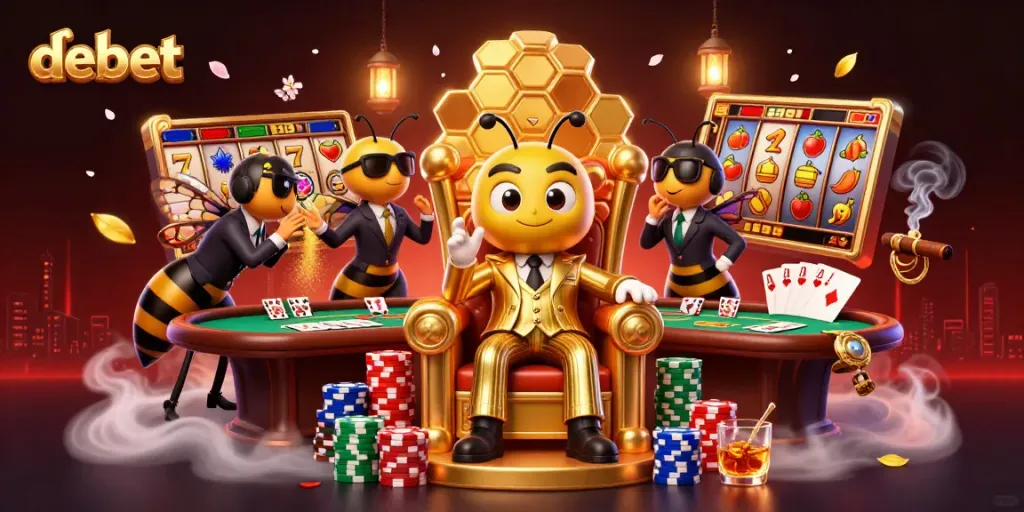 Experience the thrilling world of debet with a vibrant casino scene featuring a mob boss and vibrant slot elements.