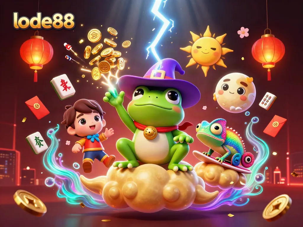 Join lode88 to immerse in thrilling casino games, surrounded by vibrant characters and dynamic festive elements.