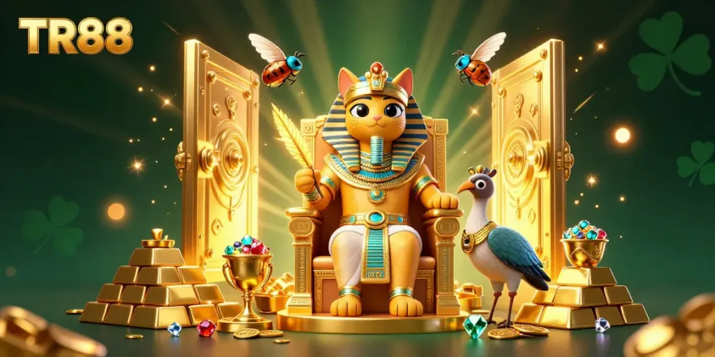 Experience thrilling wins at TR88 with a cartoon Egyptian pharaoh cat and dazzling treasures.