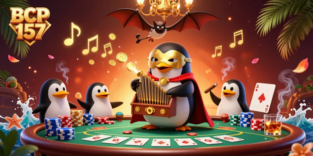 Play the BCP 157 slot game with a vibrant 3D illustration showcasing a penguin and a bat acrobat.