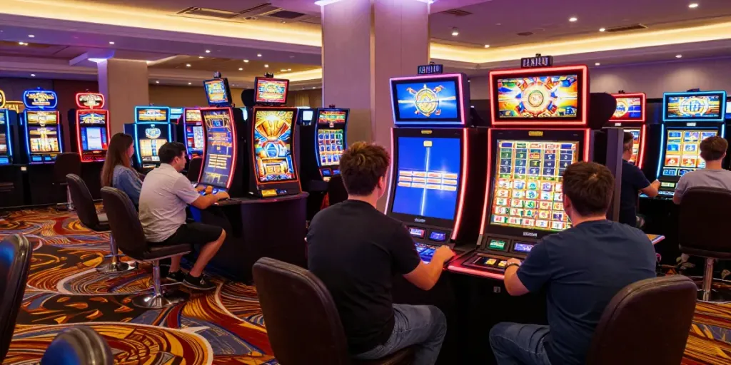 Slot mesin yang aktif di kasino dengan pemain bersemangat dan atmosfer penuh warna.