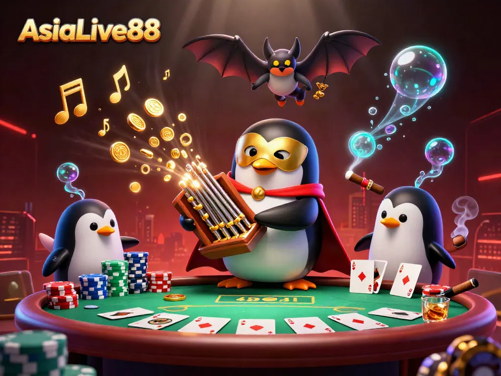 Experience the excitement at AsiaLive88 with a vibrant 3D animated casino scene showcasing games, gold coins, and lively characters.