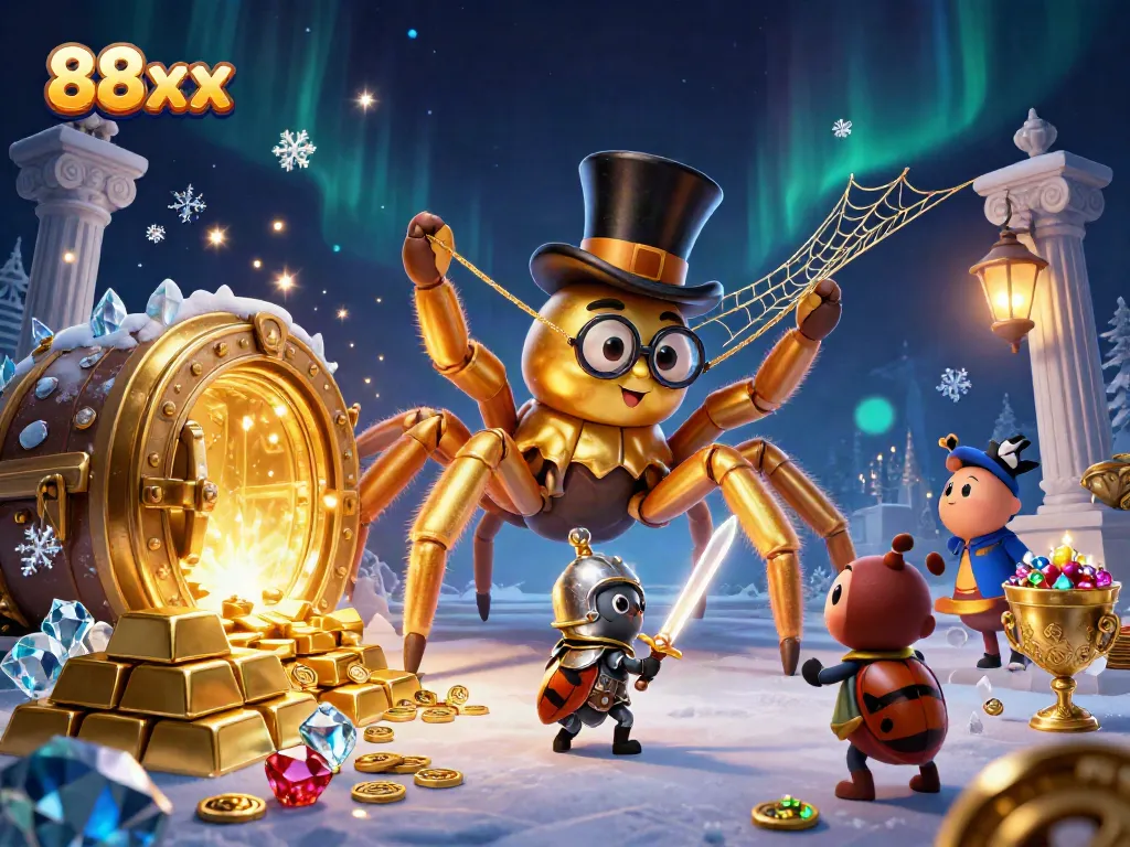 Experience thrilling gaming adventures featuring 88xx as a golden tarantula weaves treasures in a casino.