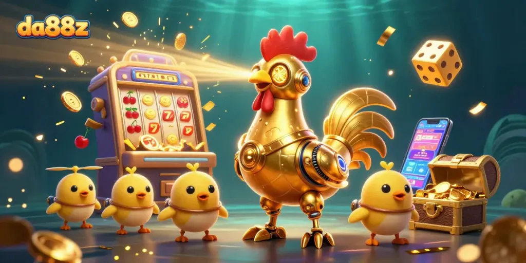 Experience the excitement with da88zz in this vibrant 3D illustration of a festive casino scene featuring dynamic game elements.