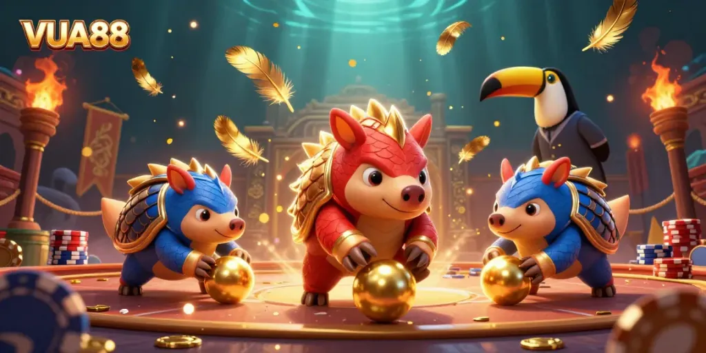Experience thrilling games at VUA88 with rival pangolins competing amidst vibrant casino elements.