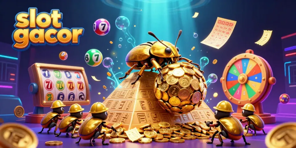Rolling ball of coins oleh karakter slot gacor dengan simbol kasino, menarik perhatian di dunia perjudian.
