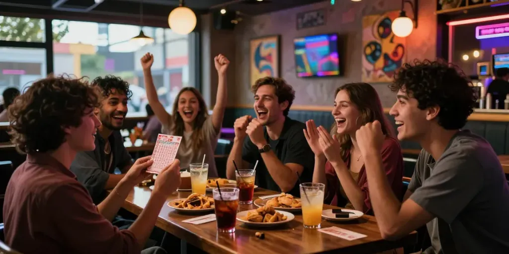 Excited friends celebrating with a togel 4d lottery ticket in a vibrant bar.
