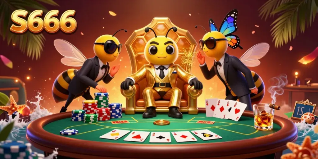 S666 captivates players with a dynamic poker scene featuring a cartoon bee mob boss and bodyguards surrounded by poker chips.