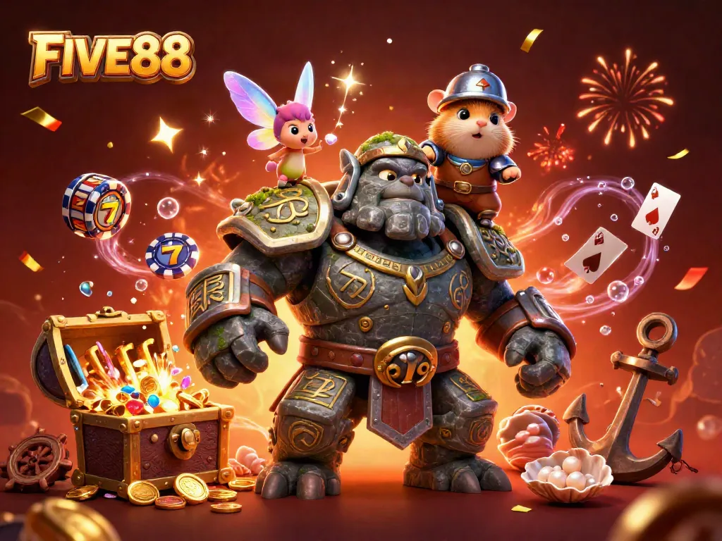 Engage with the exciting world of FIVE88 as the golem guardian, fairy, and hamster knight emerge amidst vibrant casino-action visuals.