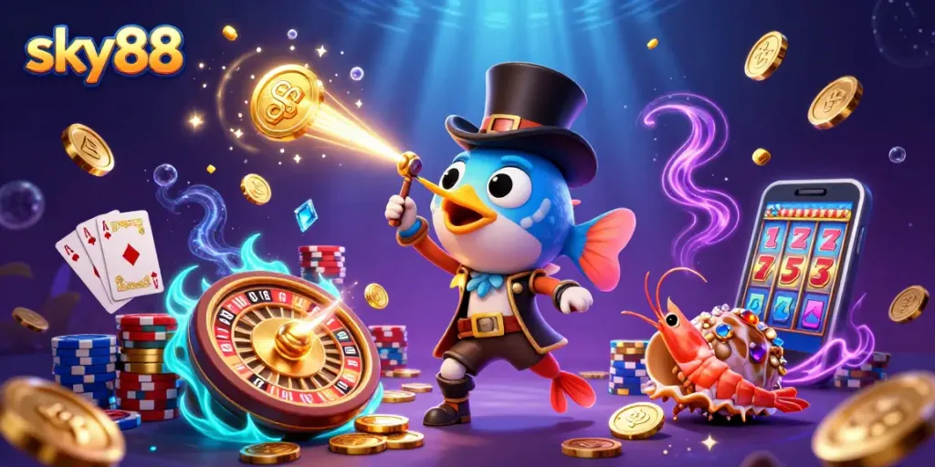 Experience the thrill of sky88 gaming with a vibrant underwater casino scene filled with treasures.
