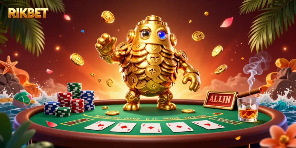 Experience RIKBET's vibrant casino atmosphere with a golden golem and poker elements.