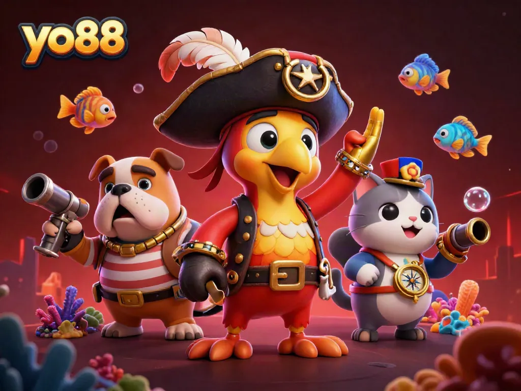 Fish hunting excitement with yo88's pirate captain and friends in an engaging underwater casino scene.