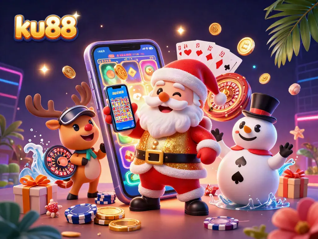 Experience the excitement of ku88 with a festive casino scene featuring a Santa, reindeer dealer, and a snowman.