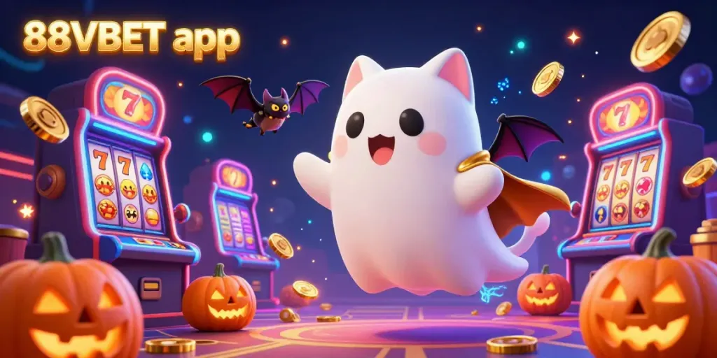 Experience the thrill of the 88VBET app illustrated by a ghost cat and bat in a captivating casino setting.