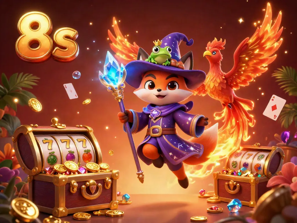 Experience the thrilling magic of 8s in this vibrant casino scene filled with gold coins and treasures.