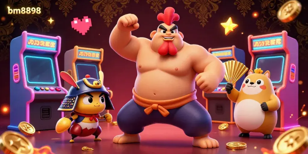 Experience thrilling gameplay with the vibrant bm8898 rooster and samurai cricket in this casino illustration.
