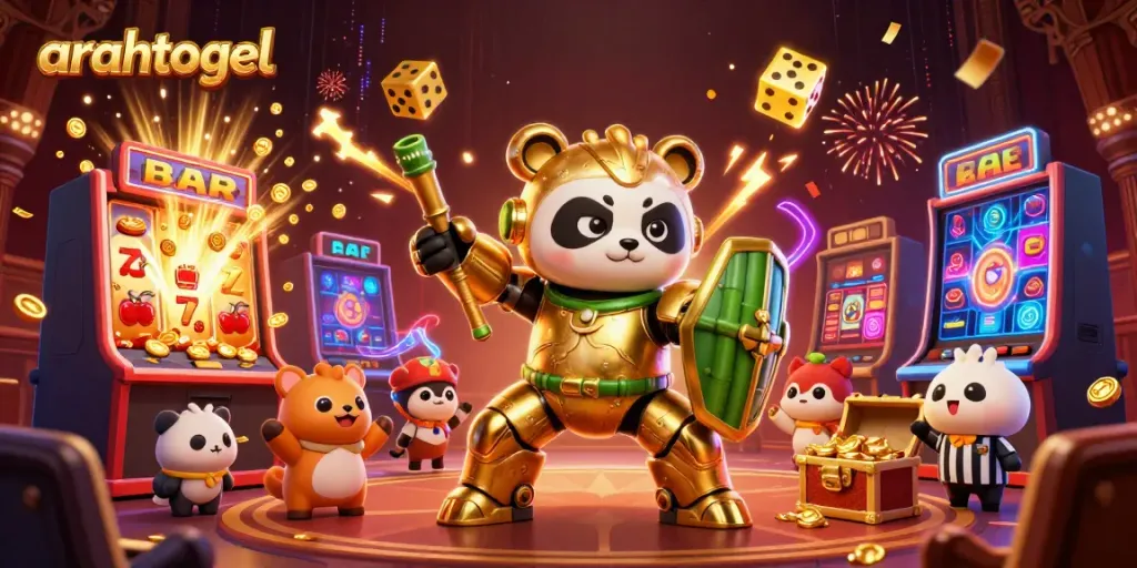 Engage with arahtogel's vibrant casino scene featuring a panda in a mech-suit amidst slot machine excitement.