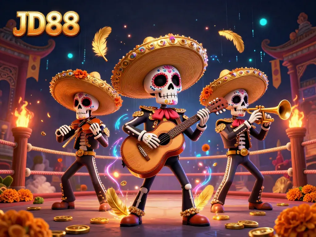 Experience thrilling gameplay at JD88 with colorful skeleton mariachi musicians in a vibrant casino scene.