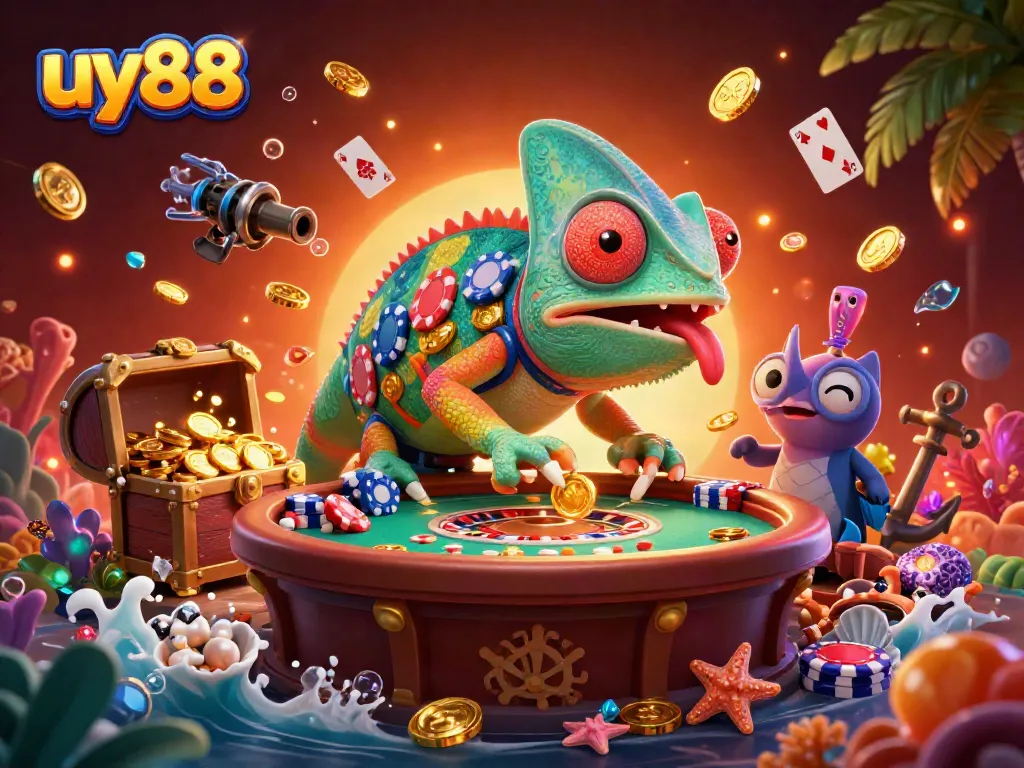 The vibrant chameleon casino owner at uy88 collects golden coins with a dynamic casino scene.