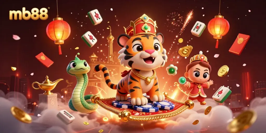 Experience the vibrant world of mb88 with a magical sultan, exciting casino elements, and colorful decorations.