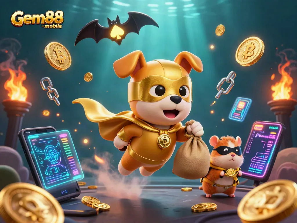 Experience the thrill of gem88-mobile with a superhero dog flying over a casino scene.