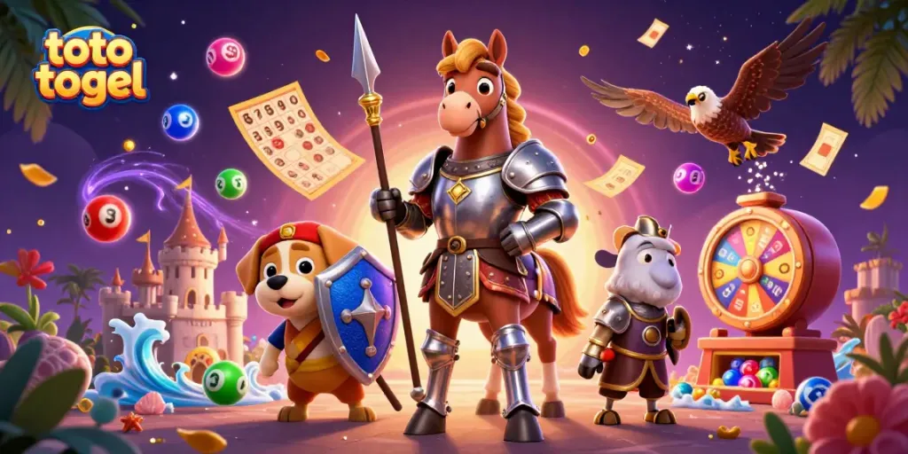 Engage with toto togel through a vibrant scene featuring a knight, puppy, and falcon amidst lottery excitement.