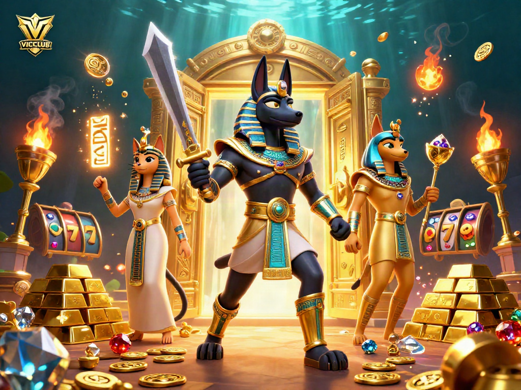 Join the excitement at VICCLUB with an illustration featuring Anubis, Bastet, and glowing treasures.