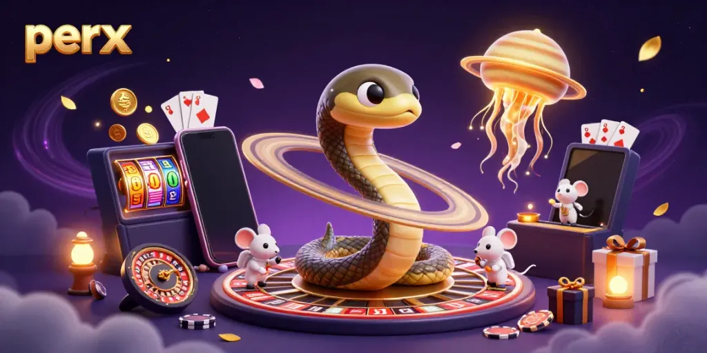 Experience the cosmic excitement of perx with a Saturn snake and astronaut mice at a roulette wheel in this vibrant casino scene
