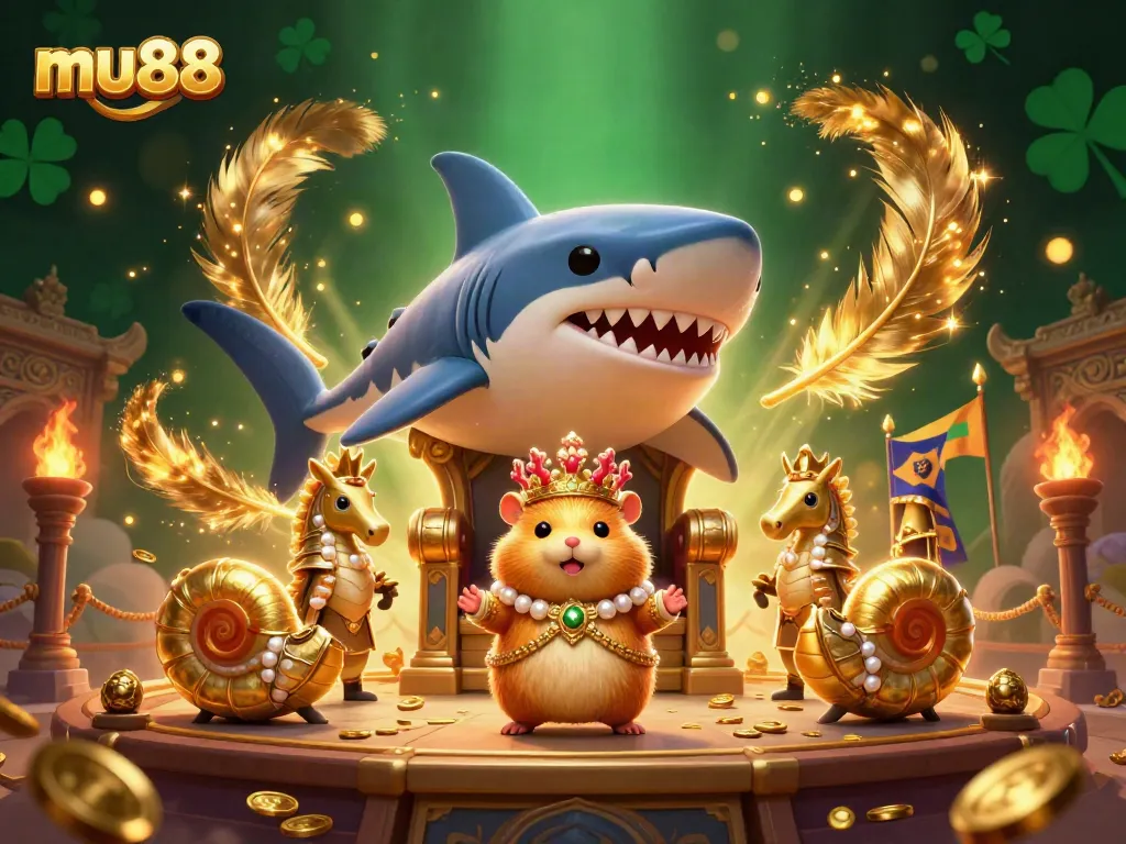 Join the excitement of mu88 with this vibrant illustration featuring a golden hamster king in a casino-themed scene.