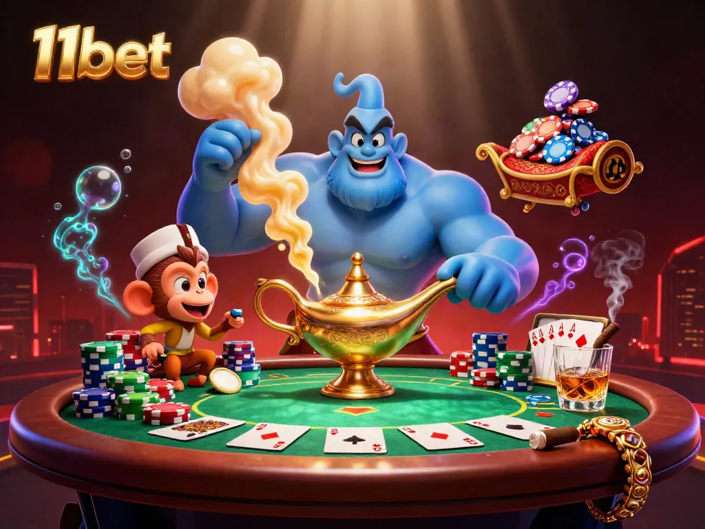 Engage in thrilling games at 11bet with a vibrant illustration of a genie, monkey, and poker elements.