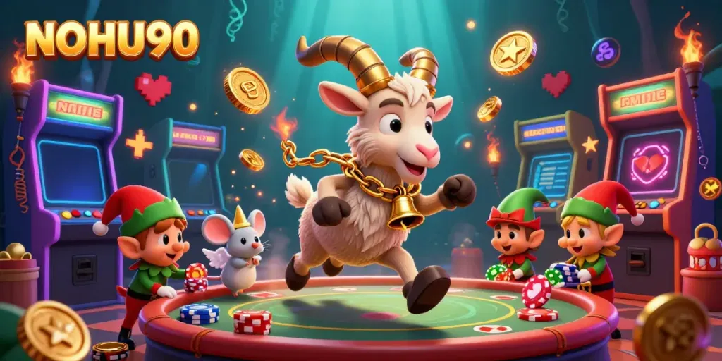 Join the excitement at NOHU90 as a spooky Krampus goat runs a vibrant casino game scene.