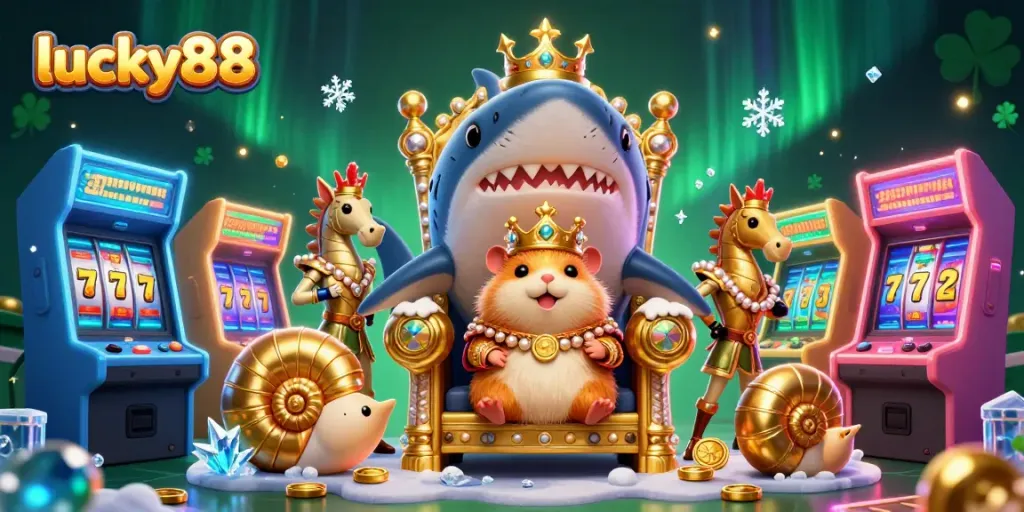 Experience the excitement of lucky88 with gaming elements and a fierce golden hamster king in a dynamic casino scene.