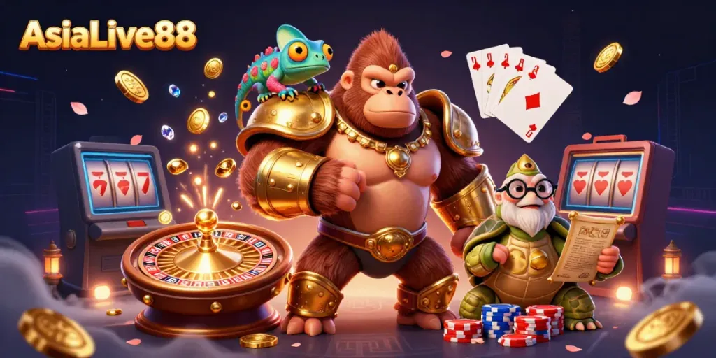 Experience exciting gameplay at AsiaLive88 with a dynamic scene of the gorilla king, chameleon spy, and wise tortoise surrounded by casino elements.