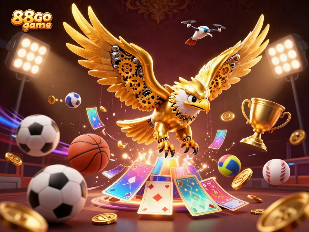 Engaging 88go game illustration with a golden eagle and dynamic sports elements, capturing the excitement of online gambling.