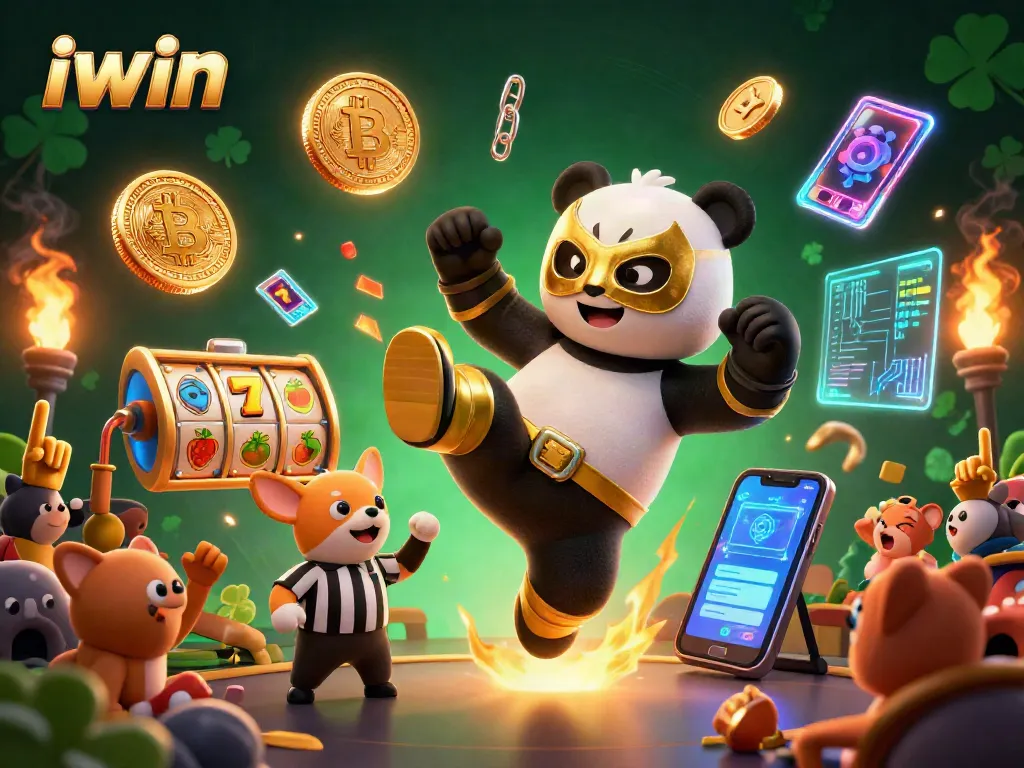 Experience thrilling iwin casino action with a panda wrestler and animal fans in a vibrant, playful scene.