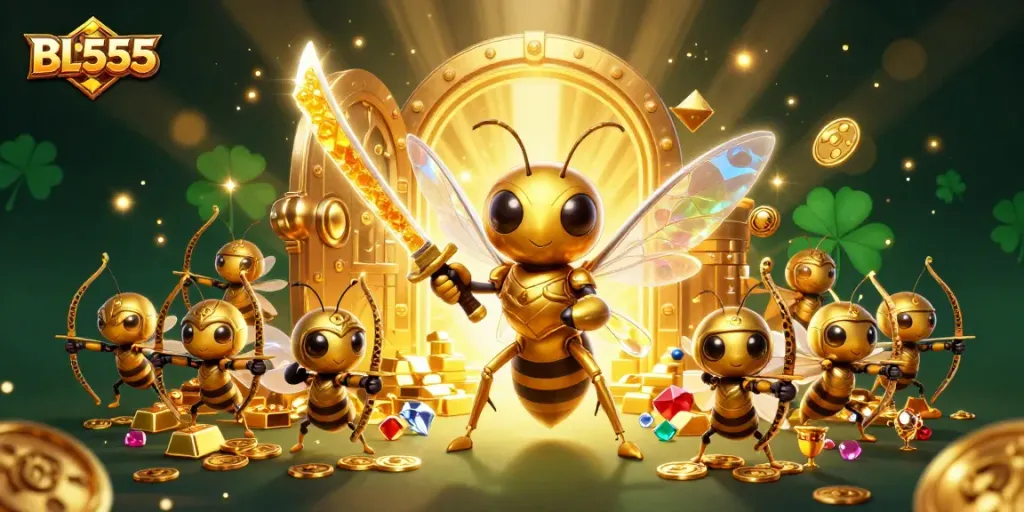 Win big at BL555 with a vibrant 3D scene featuring samurai hornet and dazzling treasures.