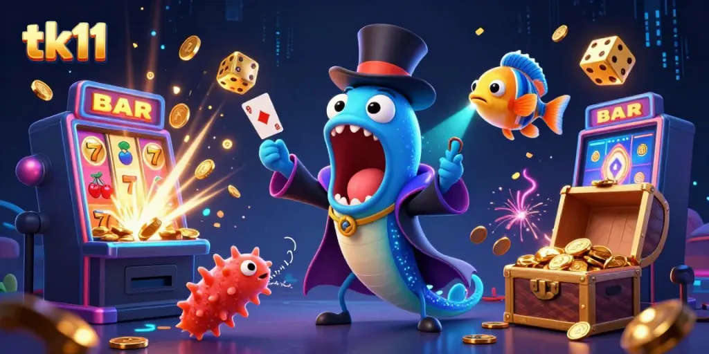 Engage in thrilling tk11 casino gameplay with a bioluminescent eel magician and anglerfish spotlighting card tricks.