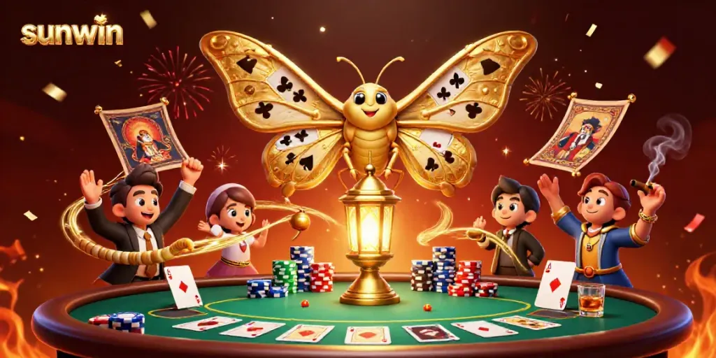 Experience exhilarating gaming with Sunwin's vibrant casino scene featuring a golden atlas moth and elaborate poker setup.