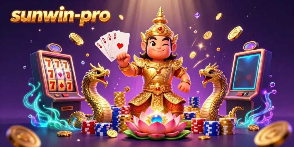 Experience the thrill of sunwin-pro with a vibrant 3D scene featuring guardian characters and casino elements.