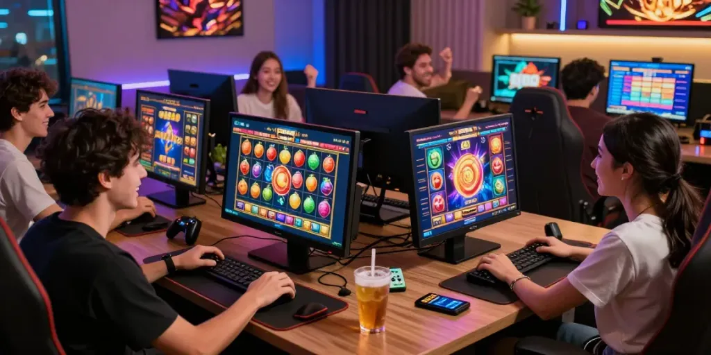 Pengguna bermain permainan slot di situs tuan88 dengan suasana yang ceria dan modern.