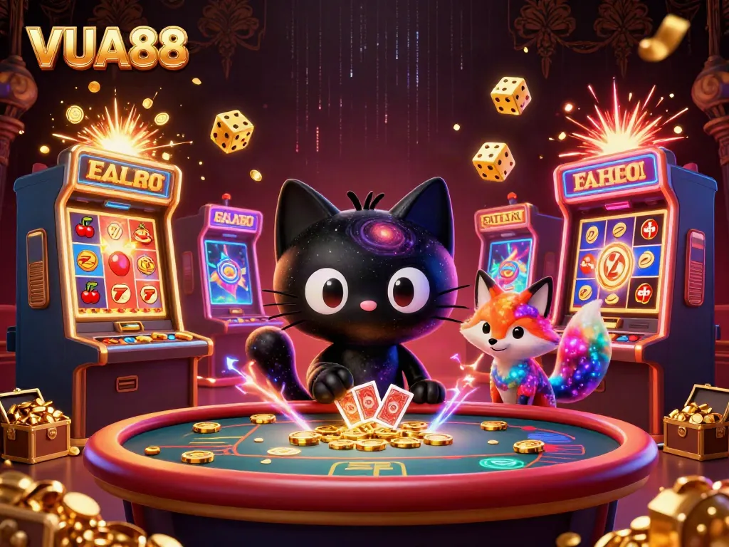 Engage with VUA88 casino magic featuring a whimsical black hole cat and colorful fox surrounded by vibrant slot game elements.