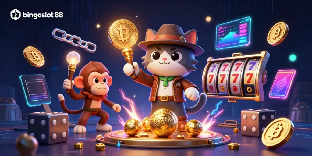 Permainan seru di bingoslot 88 dikelilingi karakter menarik dan elemen kasino berwarna-warni.