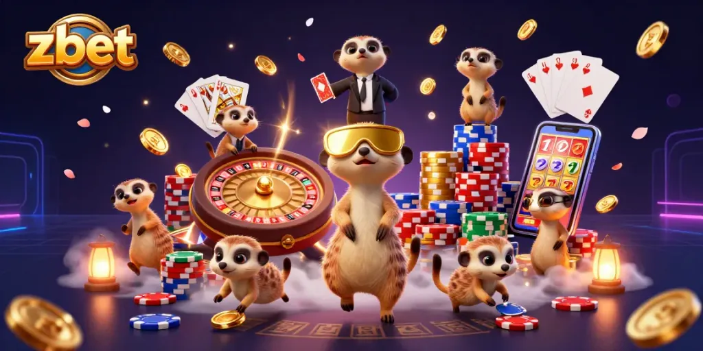 Zbet casino: meerkats operating a vibrant casino with dynamic gaming elements in action.