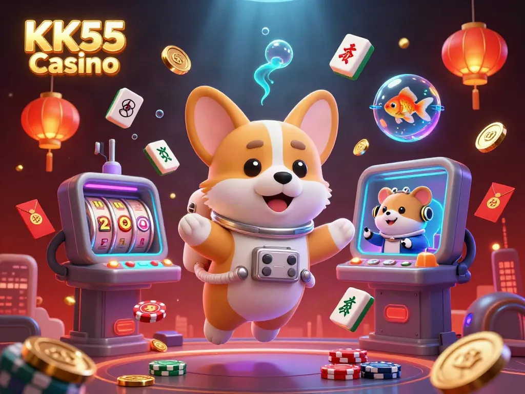 Experience the vibrant excitement of KK55 Casino with a whimsical 3D scene filled with slot reels and playful characters.