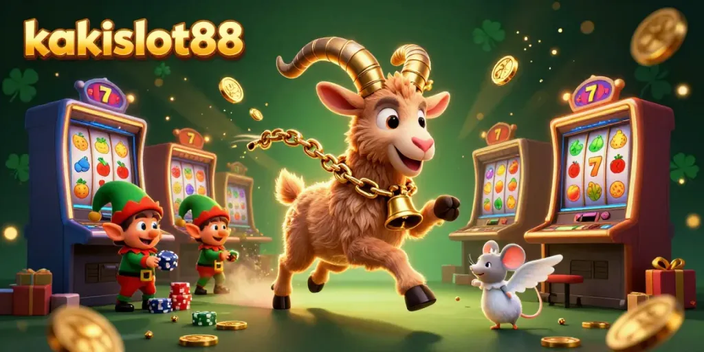 KakSlot88: ilustrasi kasino dengan Krampus, mouse, dan gremlin yang menampilkan slot dan jackpot.