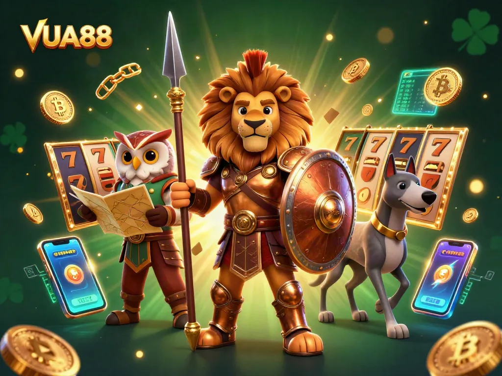 Experience thrilling VUA88 slots with an epic 3D cartoon illustration of a Spartan lion and friends.